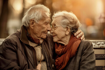 Coppia di anziani che si guardano affettuosamente negli occhi mentre siedono insieme su una vecchia panchina