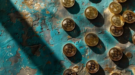 Golden Bitcoin Coins Scattered on Aged Teal Wall A Modern Digital Currency Landscape