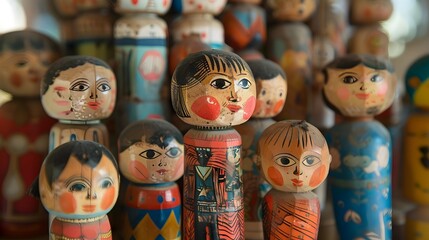 Handpainted Wooden Dolls from the Early 20th Century Nostalgic Charm and Artistry in an Old-Fashioned Toy Shop