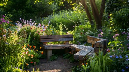 Fototapeta na wymiar Tranquil Garden Nook A Rustic Retreat Amidst Vibrant Wildflowers and Chirping Birds
