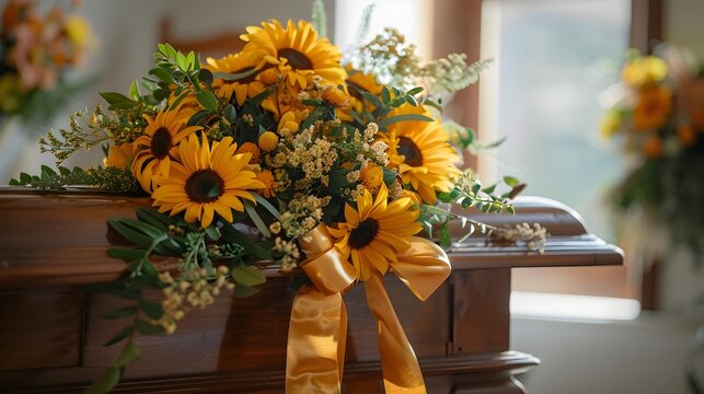 Sunflower Bouquet on Casket with Yellow Ribbon at Funeral Home Celebrating Lifes Journey