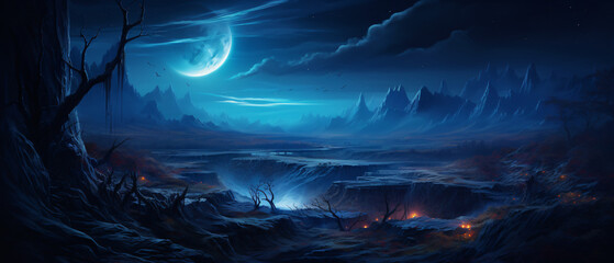 Fantasy night landscape with a crescent moon