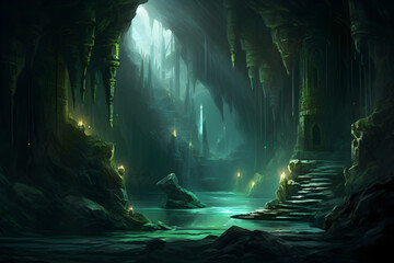 Enthralling Expedition: Cavern of Secrets Beneath the Emerald River Drops, Awaiting Daring Adventurers - obrazy, fototapety, plakaty