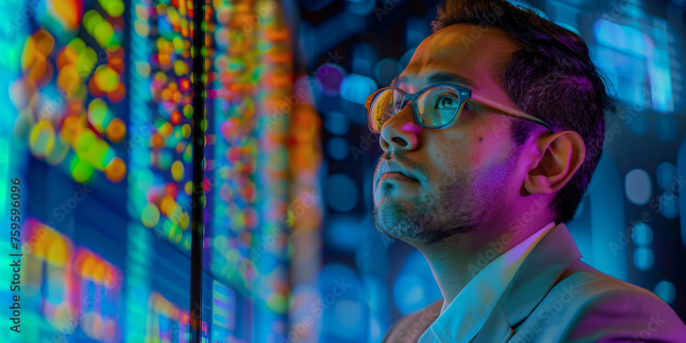 Poster an investor in a sleek suit scrutinizes colorful stock market charts and graphs on a dynamic digital