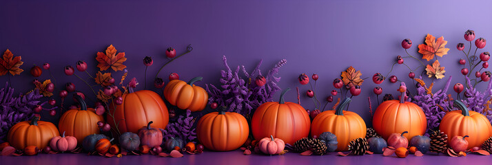 3D pumpkins and autumn fruits on purple background, perfect for seasonal decorations and festive celebrations.