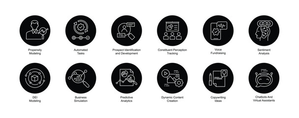 AI fundraising icon set, Fundraising AI applications symbols, Artificial intelligence in fundraising icons, Donation AI use cases symbols, Crowdfunding AI icons. Vector editable stroke icon.