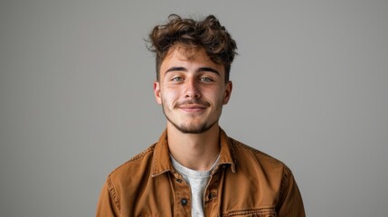 Obraz premium Handsome smiling, happy and pleased stoic man with positive vibes. Portrait of a joyful young man with beautiful hair and fashionable clothes.