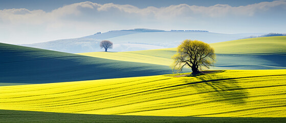 Field waves with blossoming trees in the spring 