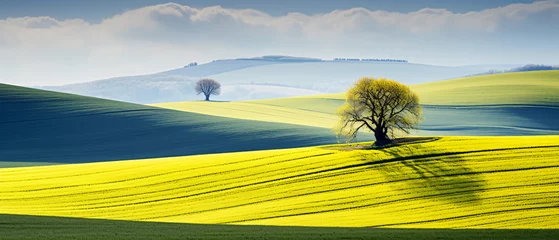 Tuinposter Field waves with blossoming trees in the spring  © Black