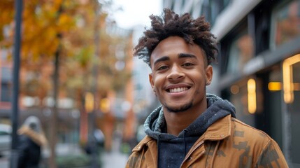 Handsome smiling, happy and pleased stoic man with positive vibes. Portrait of a joyful young man with beautiful hair and fashionable clothes. - obrazy, fototapety, plakaty