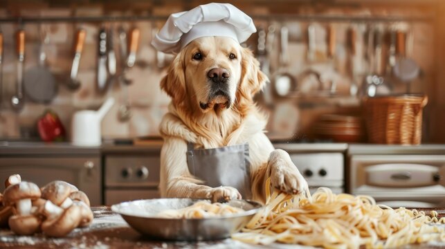 cane vestito con grembiule e cappello da chef mentre lavora la pasta fresca con le zampe