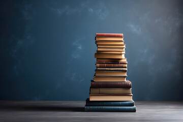 A stack of books on top of a wooden table with blue background