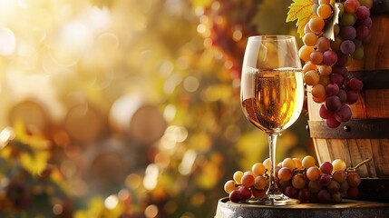 Glass Of Wine With Grapes And Barrel On A Sunny Background