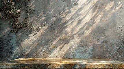 Gold Stucco Table with Nature Shadow on Concrete Wall Texture Background