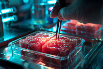 Futuro in cui la biotecnologia consentirà la produzione di carne coltivata in laboratorio come alternativa sostenibile alla produzione di carne tradizionale - obrazy, fototapety, plakaty