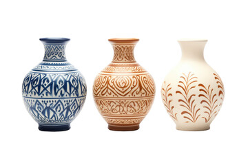 Three Vases Arranged Neatly Side by Side. on a White or Clear Surface PNG Transparent Background.