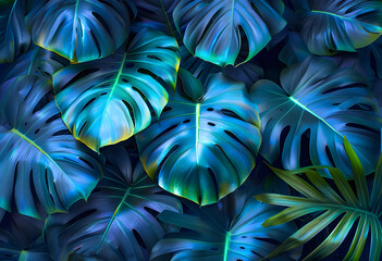 Tropical leaves illuminated with blue and green colors, creating a vibrant and exotic atmosphere. Perfect for tropical-themed designs and nature-related content. - obrazy, fototapety, plakaty