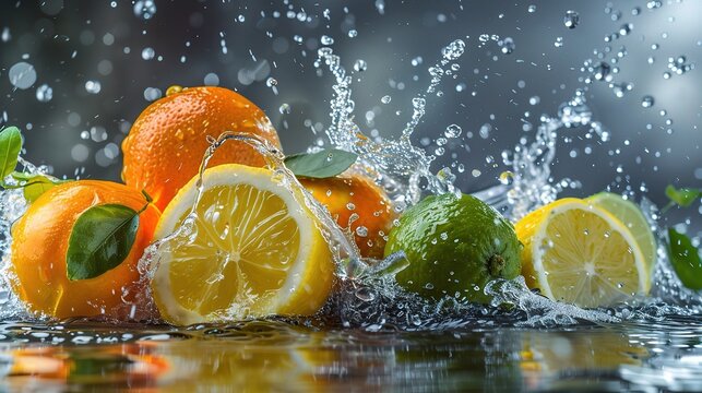 Juice splash lemon, orange, lime set. Citrus splashig fresh.