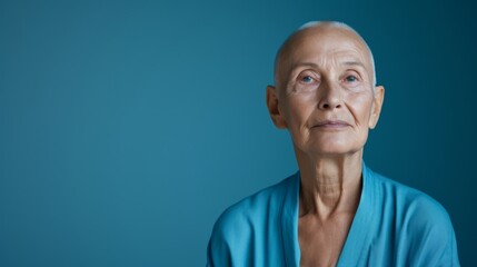 The image captures a contemplative senior woman in a cerulean top, her gaze offering a window into the kidcore-infused wisdom of age.