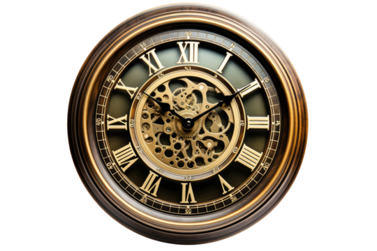 Elegant Gold and Black Clock With Roman Numerals. on a White or Clear Surface PNG Transparent Background.