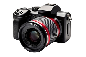 Camera With Lens Attached. on a White or Clear Surface PNG Transparent Background.