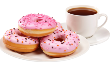 Pink Frosted Donuts on White Plate With Coffee Cup. on a White or Clear Surface PNG Transparent Background.