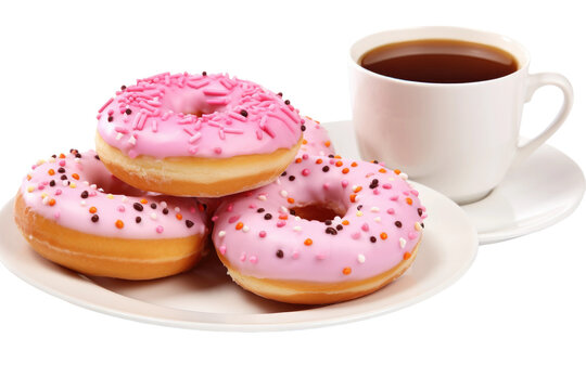 Pink Frosted Donuts on White Plate With Coffee Cup. on a White or Clear Surface PNG Transparent Background.