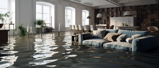 Flooded living room with water in a private house. ..