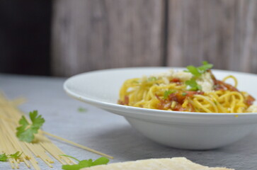 delicious pasta alla carbonara, a traditional recipe of pasta with egg sauce