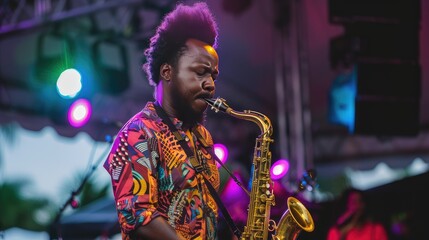 Celebrating International Jazz Day at the World Jazz Festival, a saxophonist mesmerizes the audience with soulful melodies in a vibrant festival atmosphere