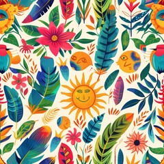 A warm seamless pattern that combines radiant suns with a variety of tropical leaves and flowers, evoking a feeling of happiness and vibrant summer days.