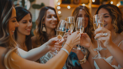 Friends cheer in celebration, toasting with champagne in a joyful gathering.