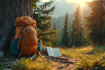 Fototapeten A peaceful camping scene with a backpack resting against a tree and an open book on the ground © Александр Марченко