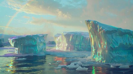 Glacial waters carry iridescent icebergs under a rainbow sky, their crystal forms reflecting a spectacle of light.