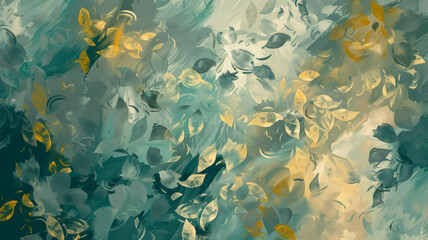 Whimsical foliage in abstract strokes of gold and teal, a dance of nature on canvas.
