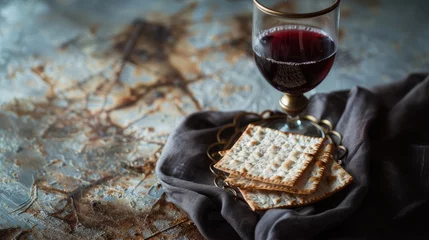 Foto op Aluminium A close-up of a Jewish Matzah bread and wine in a Kiddush cup, symbolizing the Passover holiday concept and the rich tradition of Jewish celebration and religious observance © pvl0707