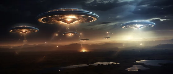 Rolgordijnen Flying saucers of aliens of alien civilizations  © Black