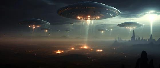 Fotobehang Flying saucers of aliens of alien civilizations  © Black