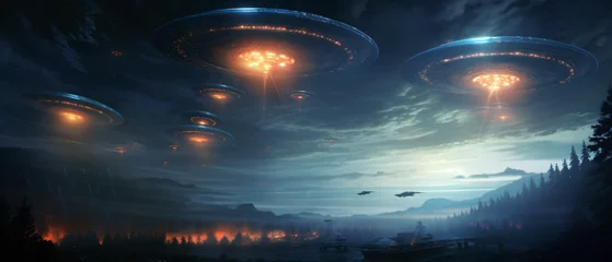 Gordijnen Flying saucers of aliens of alien civilizations  © Black