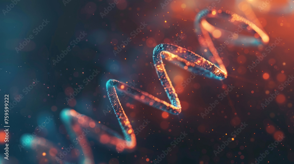 Poster a detailed rendering of a dna helix illuminated with blue and orange lights, surrounded by floating 