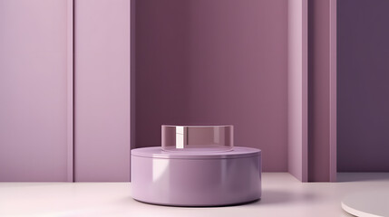 purple podium mockup. Realistic 3d vector pedestal for cosmetics presentation with a window shadow on wall. Elegant visual background for promoting women makeup