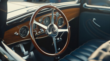 Elegant vintage car interior with stylish wooden steering wheel.