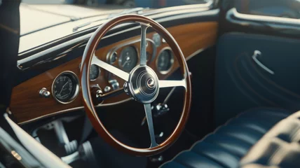 Plaid mouton avec motif Voitures anciennes Elegant vintage car interior with stylish wooden steering wheel.