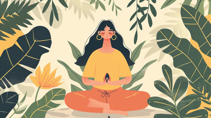 Fototapeta na wymiar A woman is seated in a lotus position, encircled by lush tropical leaves in various shades of green