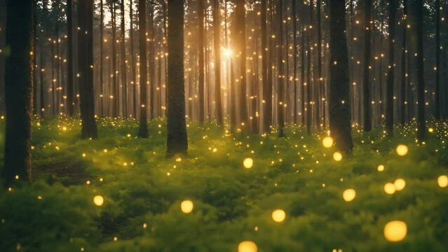sunlight shining through the trees, Mystical green fairy tale forest landscape with fireflies.