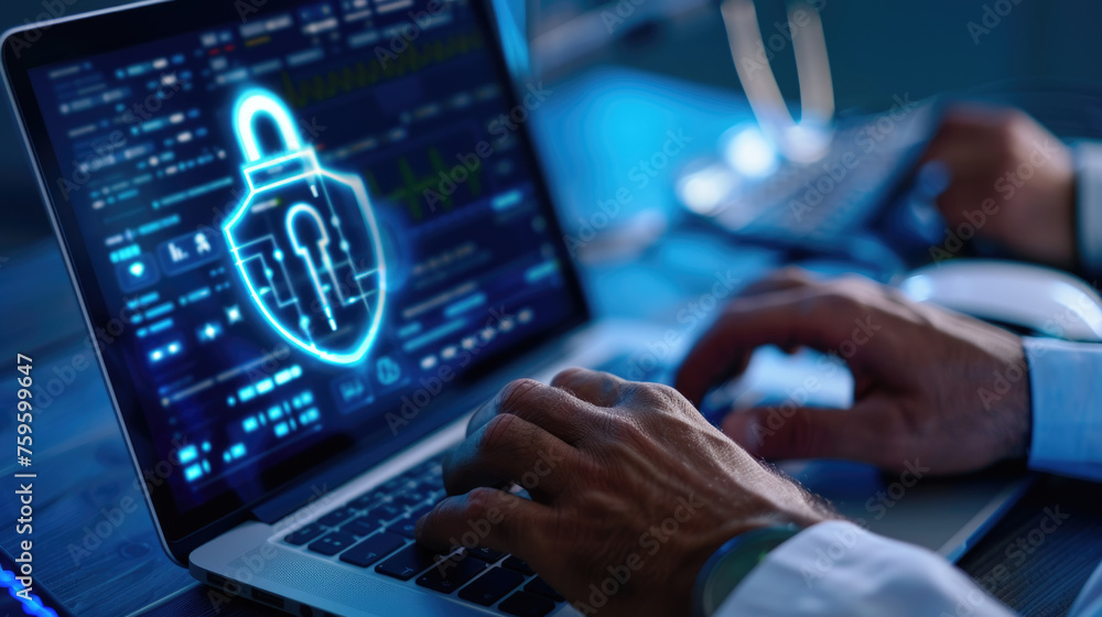 Poster a person sitting at a desk typing on a laptop with a security symbol displayed on the screen