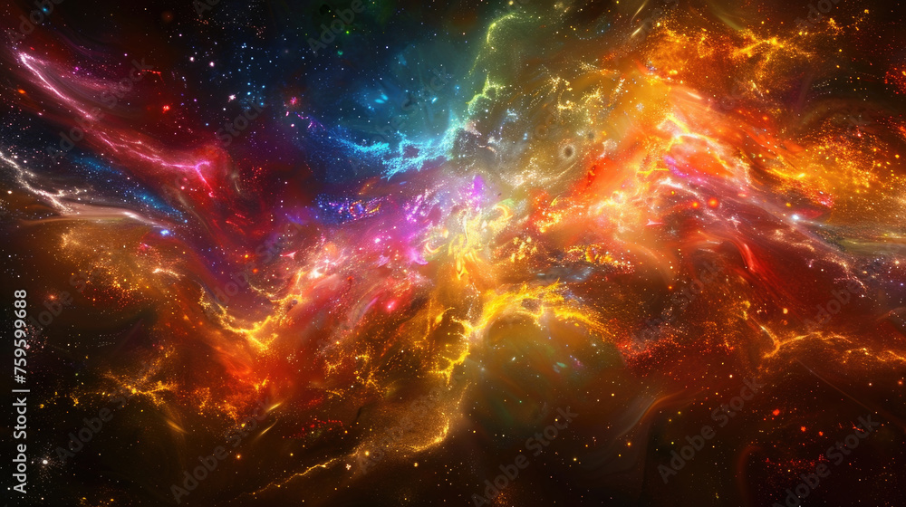 Poster a vibrant and luminous space scattered with numerous stars of varying sizes and colors, creating a m
