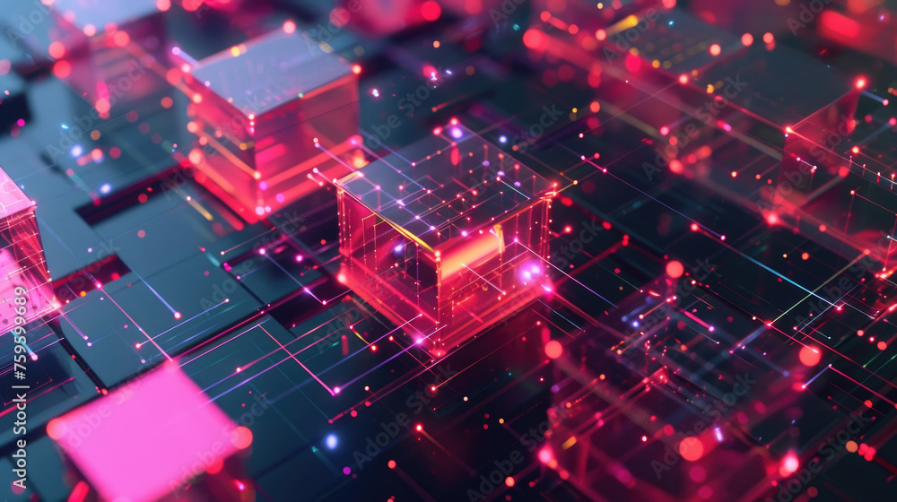 Poster a vibrant digital landscape showcasing illuminated cubes representing data on a circuit board, symbo