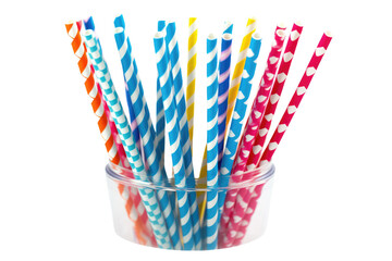 Colorful Paper Straws in Cup on Table. on a White or Clear Surface PNG Transparent Background.