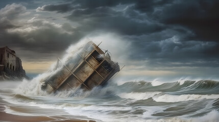 realistic a shipwreck at sea  - obrazy, fototapety, plakaty
